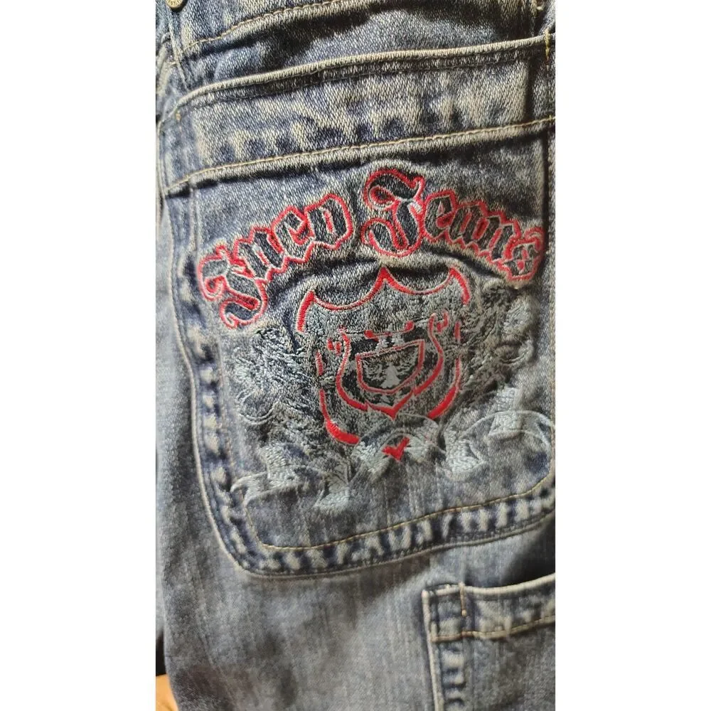VTG JNCO Y2K 90's Jeans Kids Size 8 Shield‎ Crest Logo Medium Wash Denim Jeans